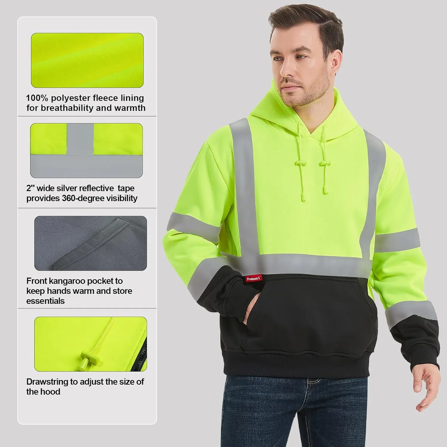 ProtectX Hi Vis Hoodie for Men Women High Visibility Safety Sweatshirt Reflective with Pockets for Construction Work Class 3