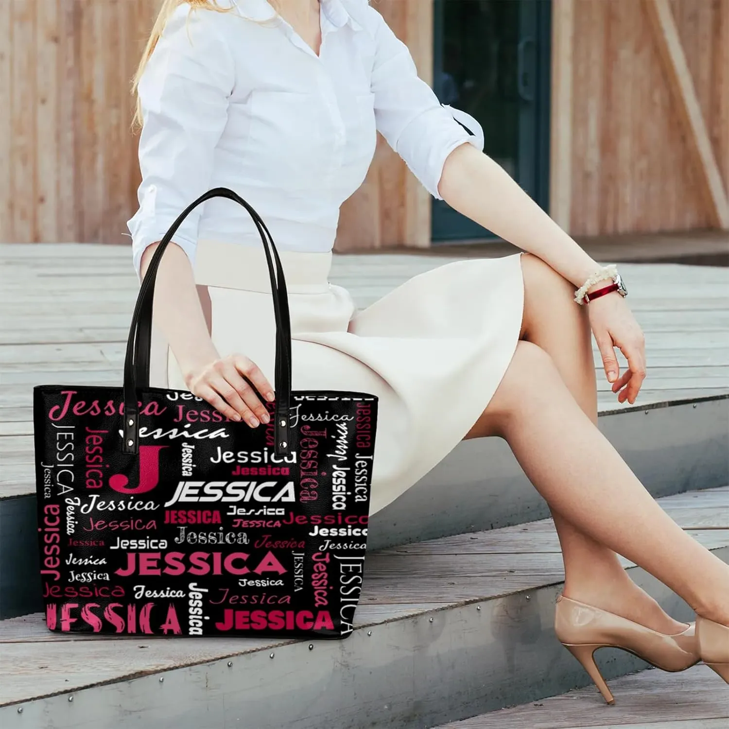 PU Leather Custom Tote Bag for Women, Personalized Initial Shoulder Beach Bags Customized Handles Bag