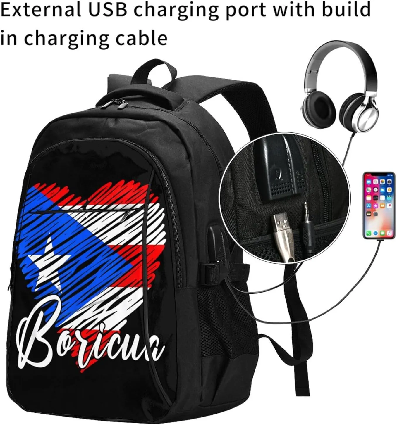 Puerto Rican Boricua Puerto Rico Heart Casual Travel Backpacks Hiking Camping Backpack Large Outdoor Sport Daypack Laptop Rucksack Climbing Working Bags with USB Port