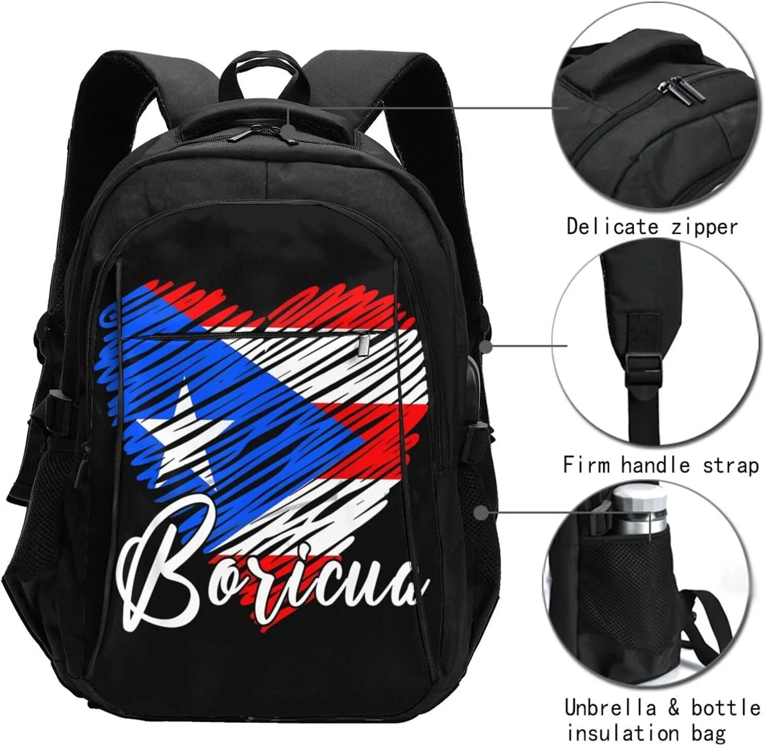 Puerto Rican Boricua Puerto Rico Heart Casual Travel Backpacks Hiking Camping Backpack Large Outdoor Sport Daypack Laptop Rucksack Climbing Working Bags with USB Port