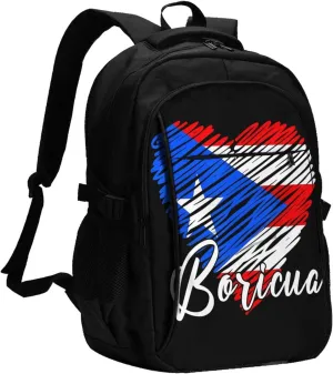 Puerto Rican Boricua Puerto Rico Heart Casual Travel Backpacks Hiking Camping Backpack Large Outdoor Sport Daypack Laptop Rucksack Climbing Working Bags with USB Port