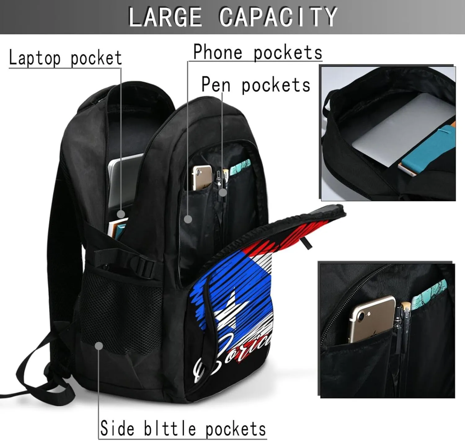Puerto Rican Boricua Puerto Rico Heart Casual Travel Backpacks Hiking Camping Backpack Large Outdoor Sport Daypack Laptop Rucksack Climbing Working Bags with USB Port