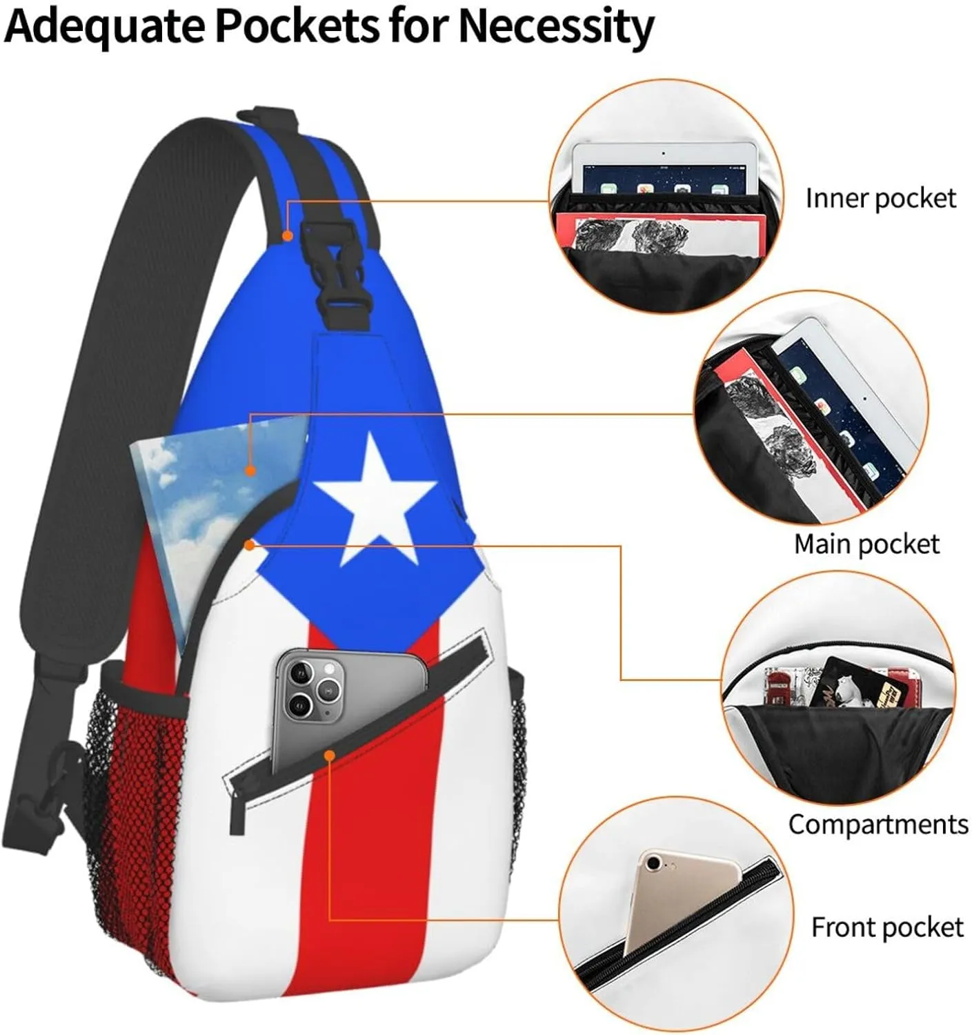 Puerto Rico Flag Sling Bag,Multipurpose Crossbody Backpack Shoulder Chest Bag for Women Men Travel Hiking Daypack