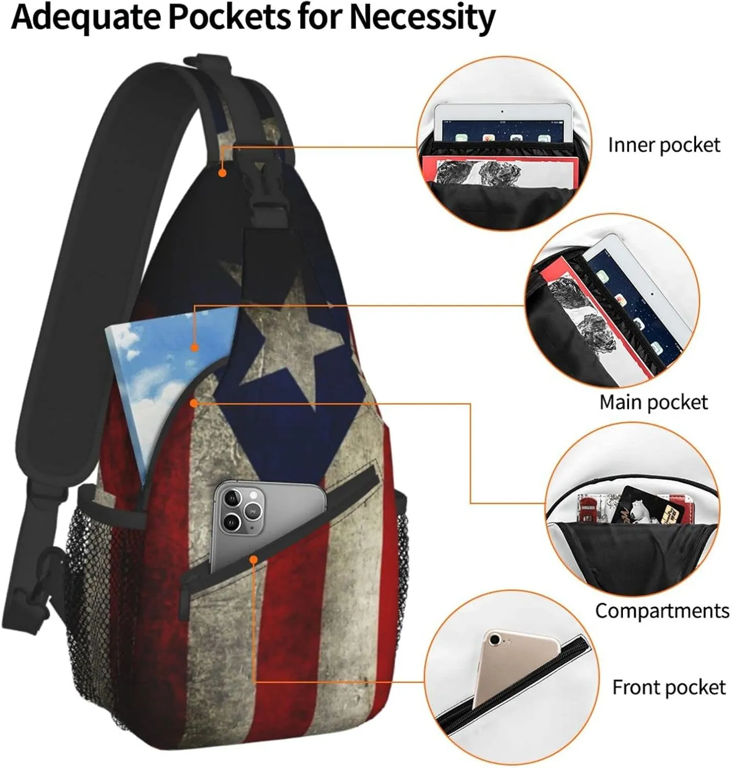 Puerto Rico Sling Bag Puerto Rico Flag Crossbody Chest Daypack Casual Backpack Puerto Shoulder Bag
