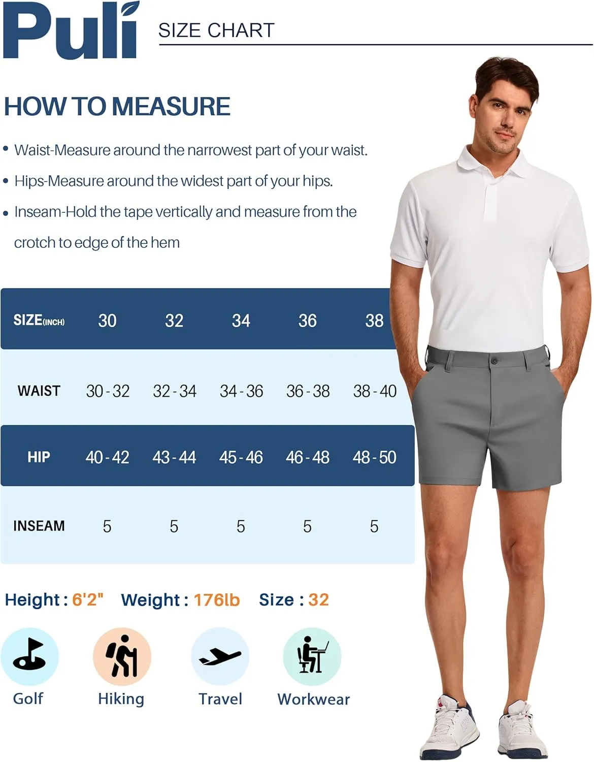 PULI Golf Shorts Men 5 Inch Inseam Relaxed Fit Stretch Dress Lightweight Casual Travel Quick Dry Summer Shorts