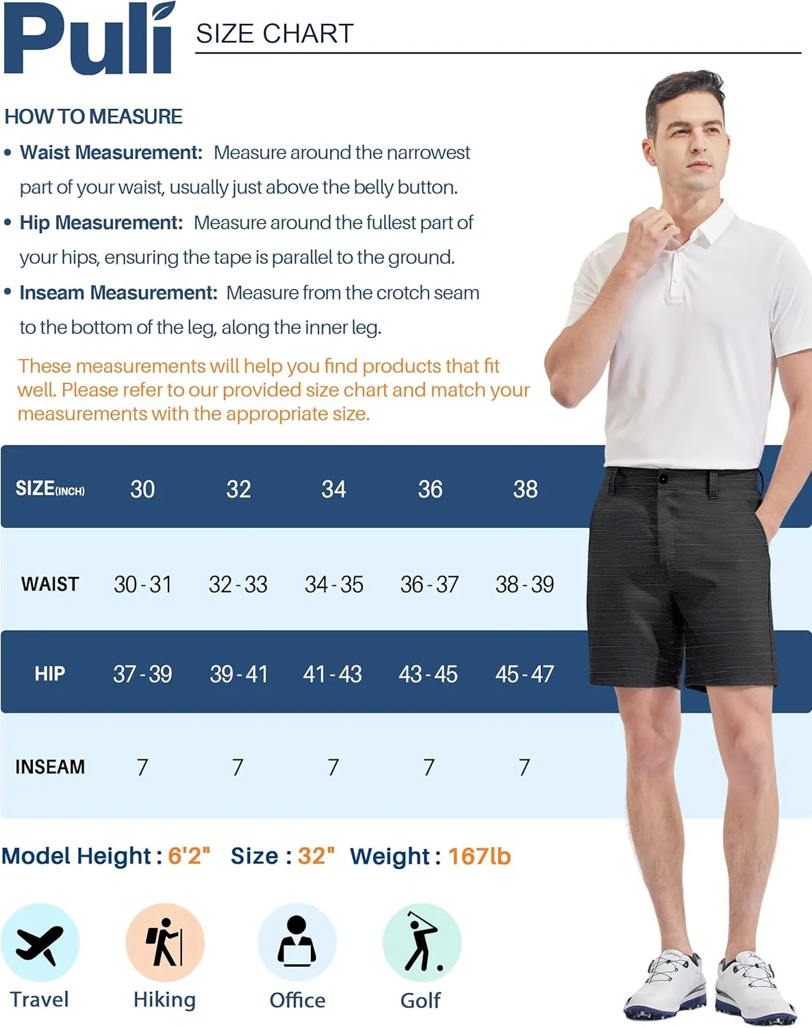 PULI Mens Golf Shorts 7 Inch Dress Hybrid Travel Summer Casual Quick Dry Lightweight Hiking Shorts with Pockets