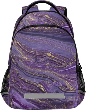 Purple Gold Abstract School Backpack for Girls Boys Marbled Ripple Laptop Backpack for Teenagers Adults Safe Reflectiv Stripes Casual Travel Shoulder Bag Daypack Hiking Camping