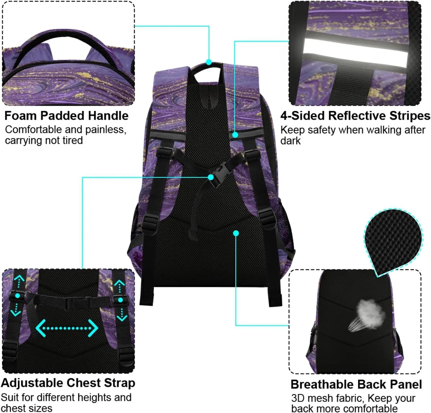 Purple Gold Abstract School Backpack for Girls Boys Marbled Ripple Laptop Backpack for Teenagers Adults Safe Reflectiv Stripes Casual Travel Shoulder Bag Daypack Hiking Camping