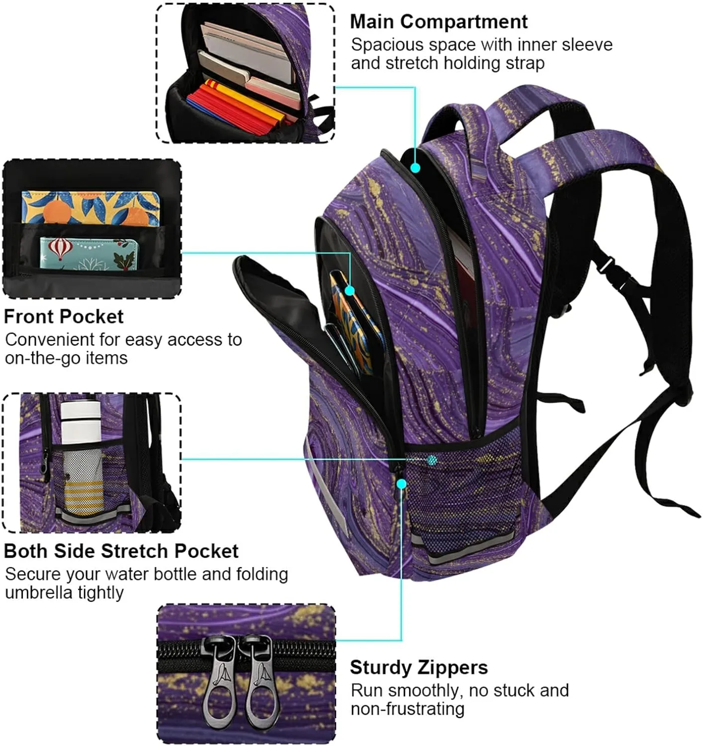 Purple Gold Abstract School Backpack for Girls Boys Marbled Ripple Laptop Backpack for Teenagers Adults Safe Reflectiv Stripes Casual Travel Shoulder Bag Daypack Hiking Camping