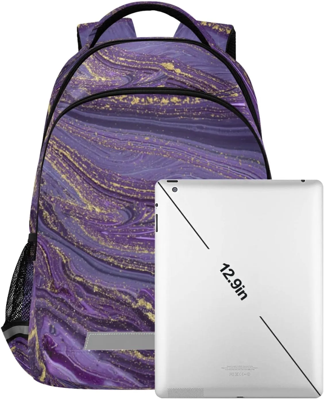 Purple Gold Abstract School Backpack for Girls Boys Marbled Ripple Laptop Backpack for Teenagers Adults Safe Reflectiv Stripes Casual Travel Shoulder Bag Daypack Hiking Camping