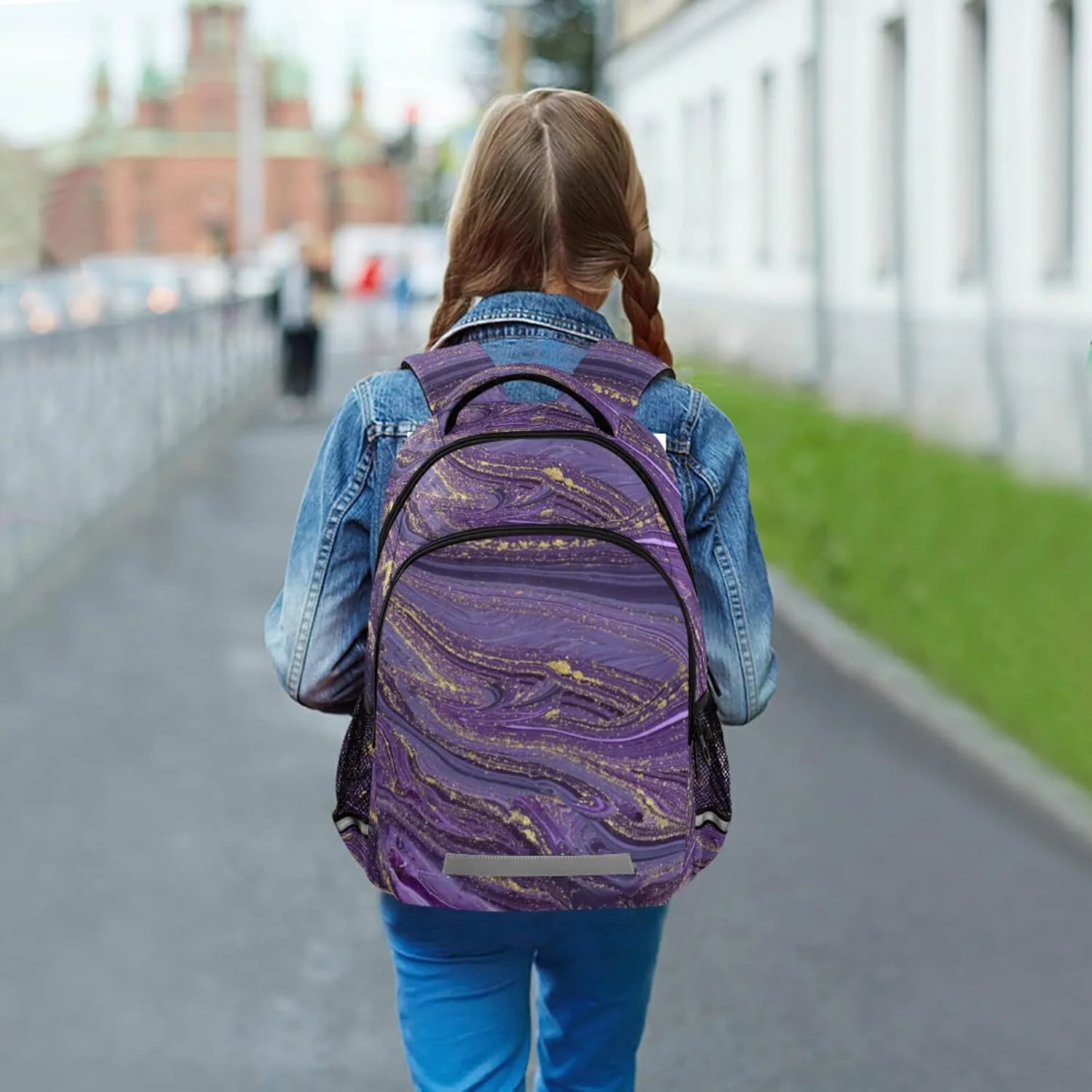 Purple Gold Abstract School Backpack for Girls Boys Marbled Ripple Laptop Backpack for Teenagers Adults Safe Reflectiv Stripes Casual Travel Shoulder Bag Daypack Hiking Camping