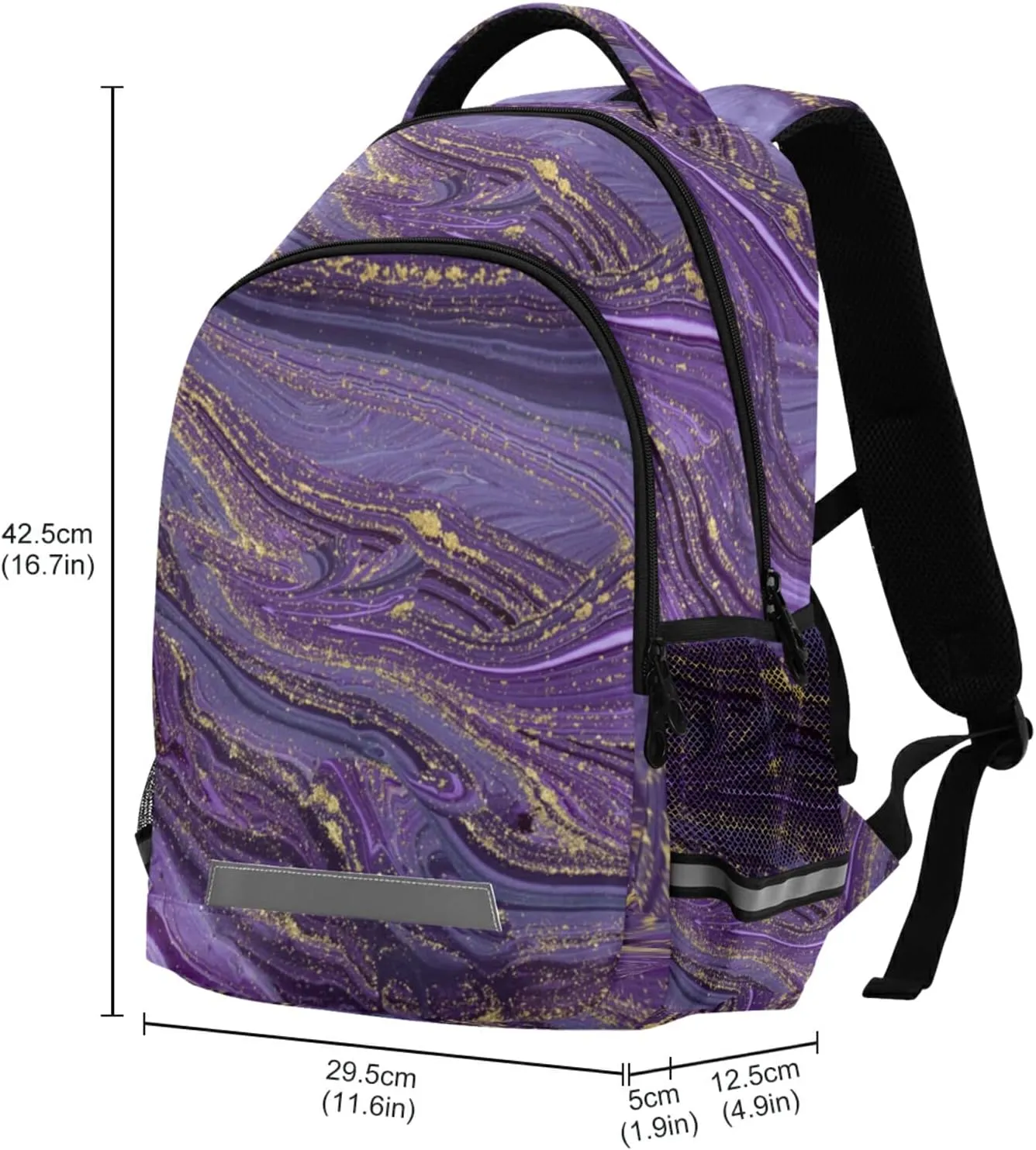 Purple Gold Abstract School Backpack for Girls Boys Marbled Ripple Laptop Backpack for Teenagers Adults Safe Reflectiv Stripes Casual Travel Shoulder Bag Daypack Hiking Camping