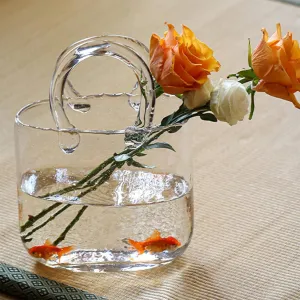 Purse Vase for Flowers Transparent Glass Bag Vase Unique Handbag Flower Vase Purse Fish Bowl with Handles Clear Wide Mouth Handbag Vase for Centerpieces Kitchen Office Decor, 0.53 gallon