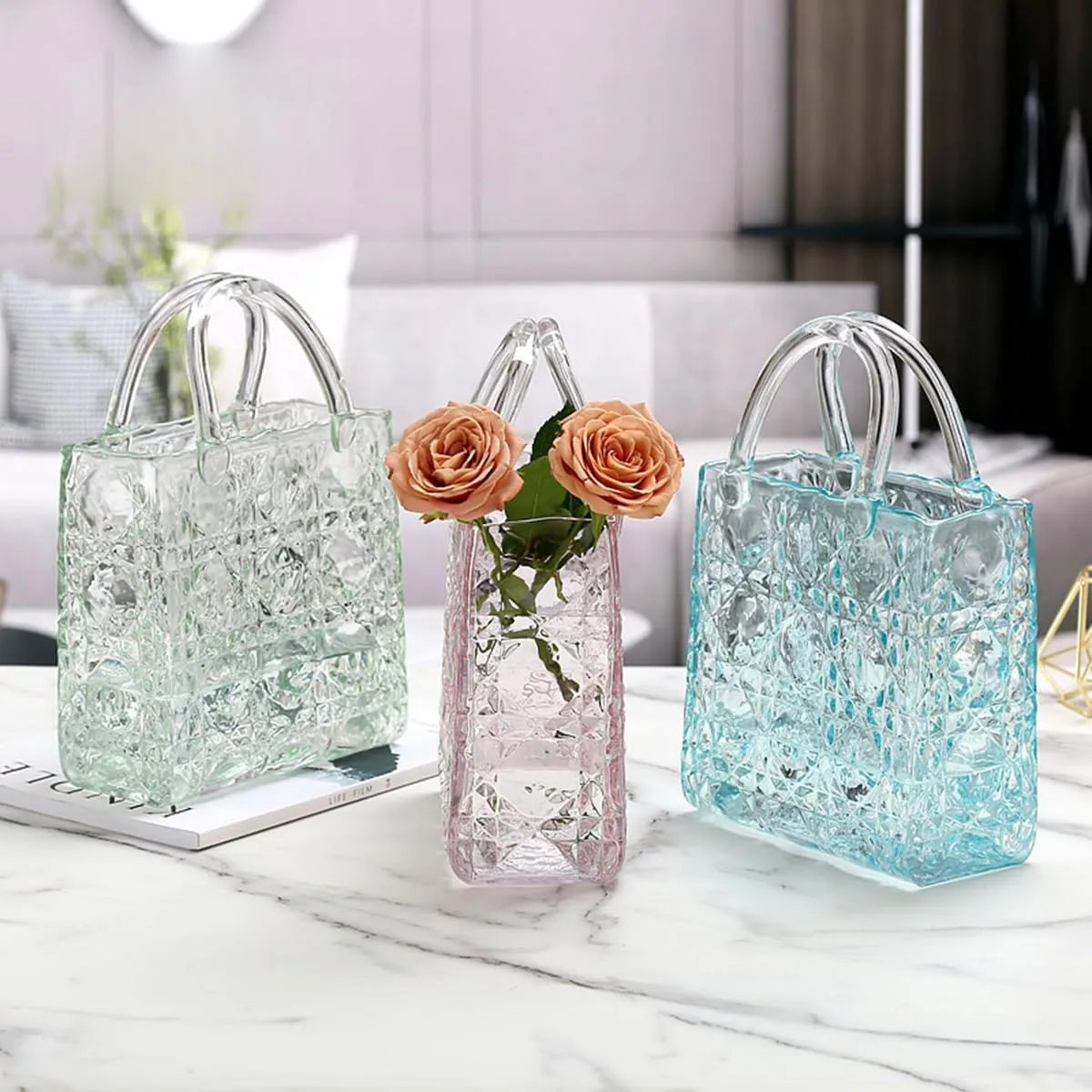 Purse Vase, Glass Bag, 12 Inch Large Glass Flower Vase
