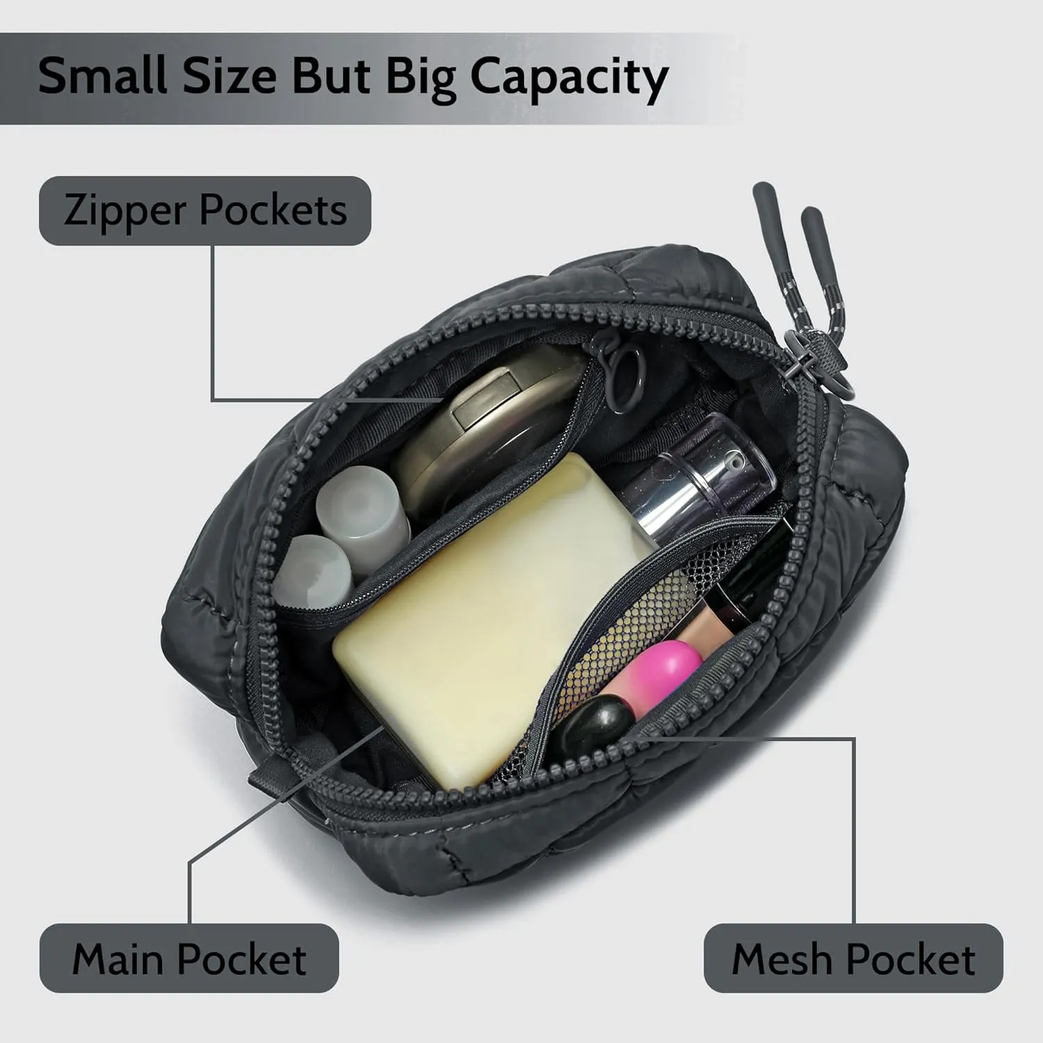 Quilted Cosmetic Bag, Puffer Makeup Bags, Crossbody Purses for women,Cute Travel Toiletry Bag for Women (Charcoal)