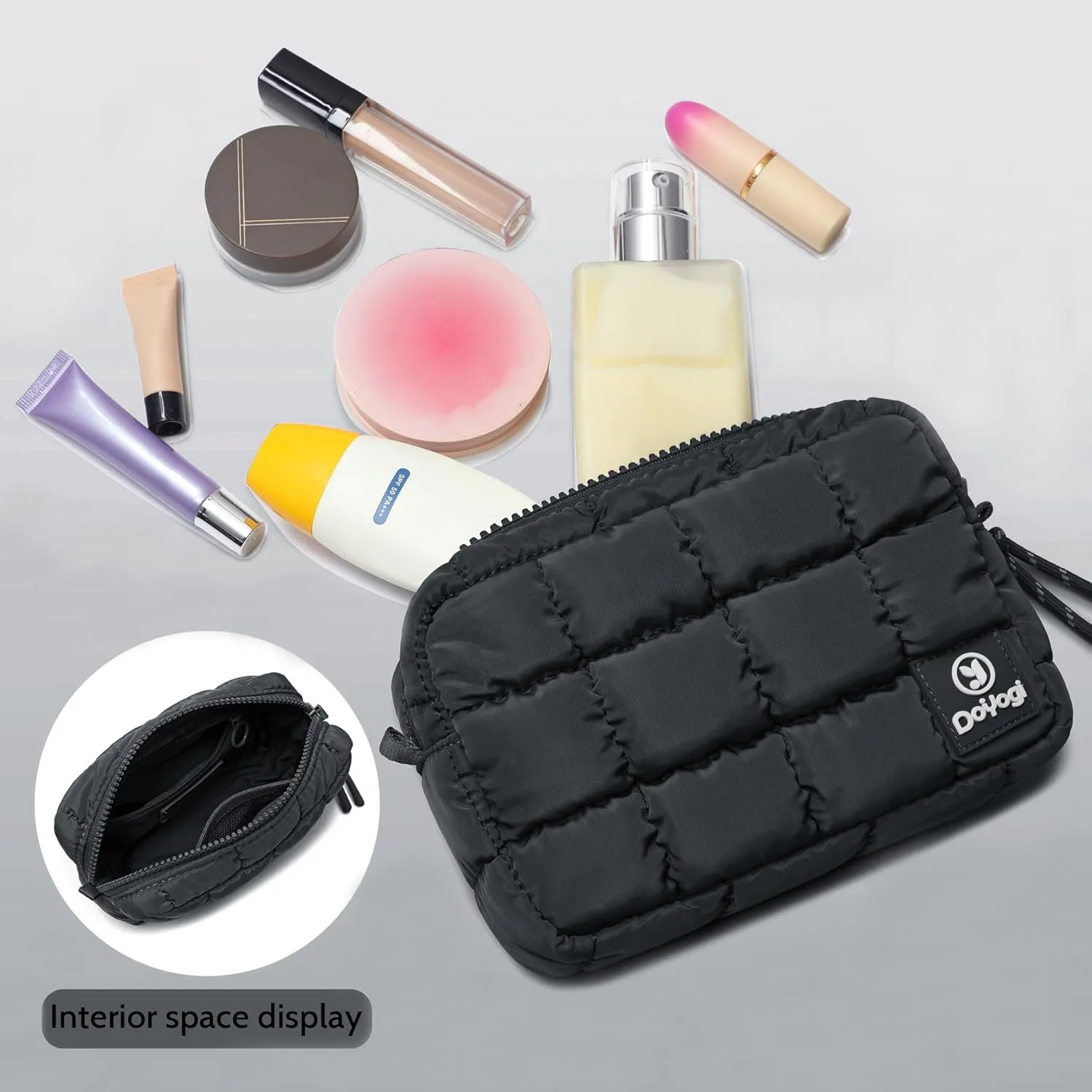Quilted Cosmetic Bag, Puffer Makeup Bags, Crossbody Purses for women,Cute Travel Toiletry Bag for Women (Charcoal)