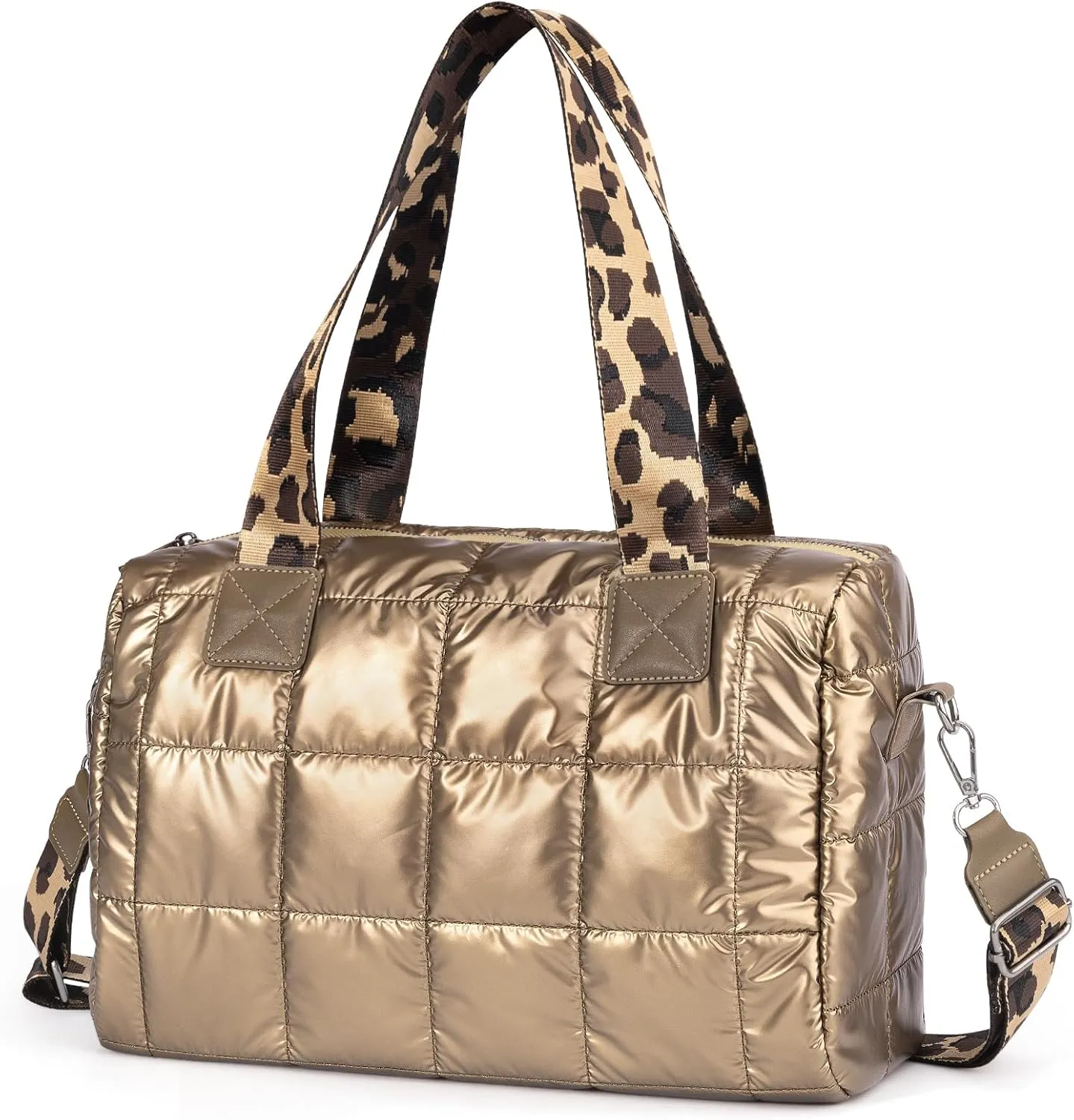 Quilted Gold Crossbody Tote Bag, Puffy Purses Top Handle Handbags, Puffer Shoulder Bag for Women