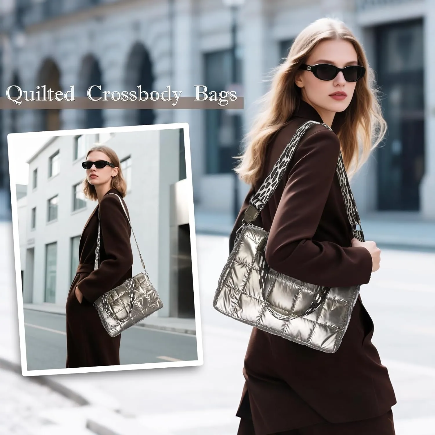 Quilted Gold Crossbody Tote Bag, Puffy Purses Top Handle Handbags, Puffer Shoulder Bag for Women