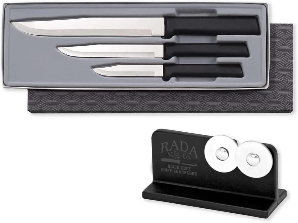 Rada Cutlery 3-Piece Housewarming Knives Gift Set with Quick Edge Sharpener, Black Handles