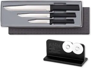 Rada Cutlery 3-Piece Housewarming Knives Gift Set with Quick Edge Sharpener, Black Handles