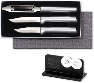 Rada Cutlery 3-piece Kitchen Basics Knife Gift Set with Quick Edge Sharpener, Silver Handles