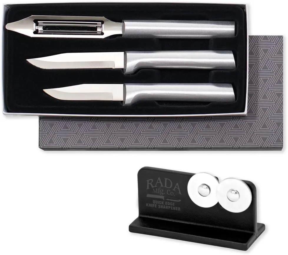Rada Cutlery 3-piece Kitchen Basics Knife Gift Set with Quick Edge Sharpener, Silver Handles
