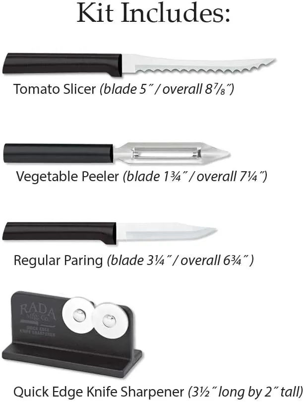 Rada Cutlery 3-Piece Peel, Pare & Slice Gift Knife Set with Quick Edge Sharpener, Black Handles