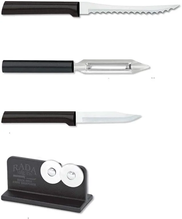 Rada Cutlery 3-Piece Peel, Pare & Slice Gift Knife Set with Quick Edge Sharpener, Black Handles