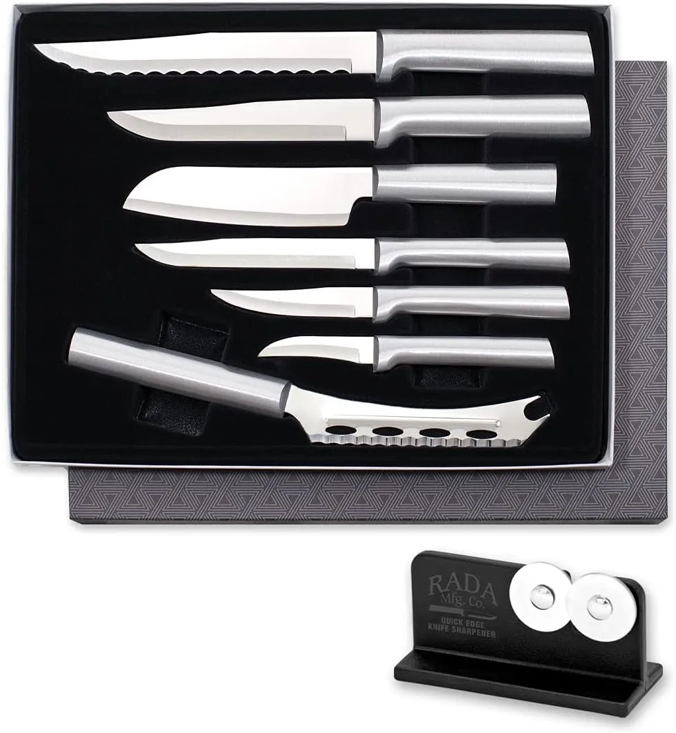 Rada Cutlery 7-piece Starter Gift Part 2 Knife Set with Quick Edge Sharpener, Silver Handles