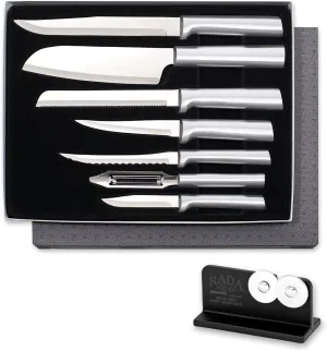 Rada Cutlery 7-piece Starter Knife Gift Set with Quick Edge Sharpener, Silver Handles