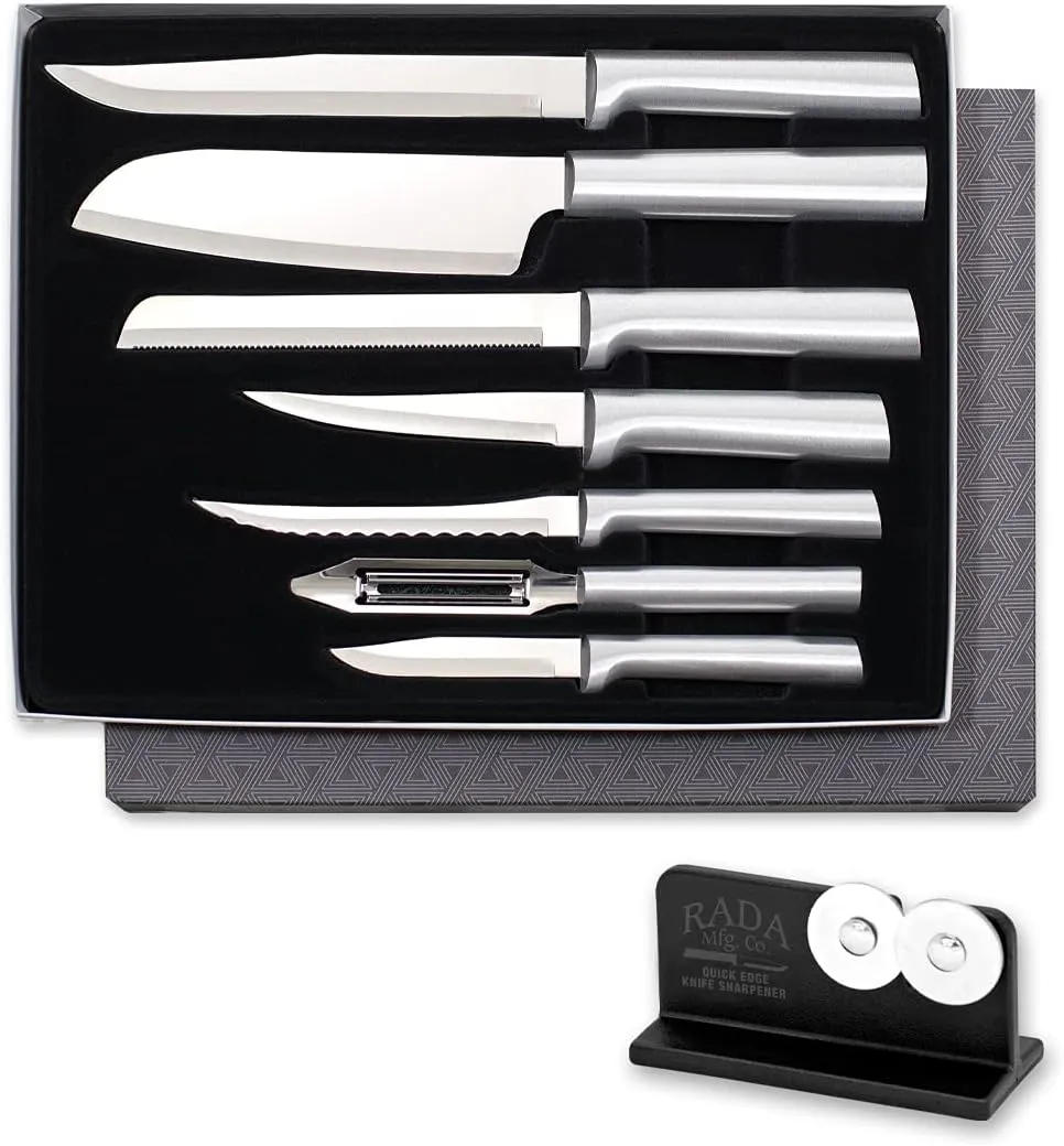 Rada Cutlery 7-piece Starter Knife Gift Set with Quick Edge Sharpener, Silver Handles