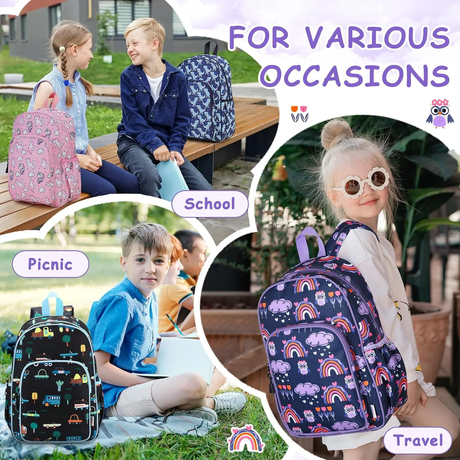 RAVUO Kids Backpack for Girls Boys, Cute Toddler School Bag Bookbag W Chest Strap