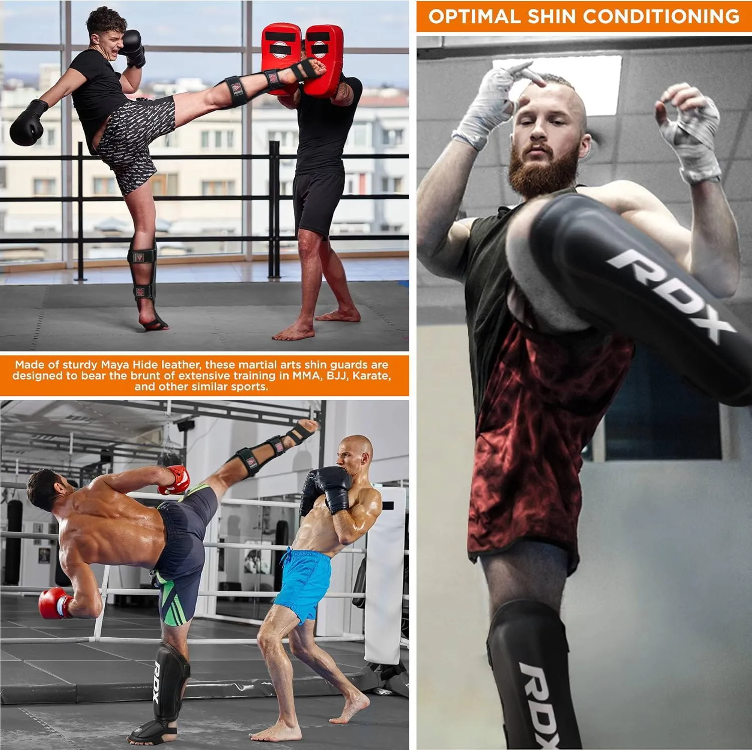 RDX Shin Guards Kickboxing Muay Thai, SATRA SMMAF Approved, Premium Maya Hide Leather, Leg Instep Protection Pads, MMA Martial Arts Kicking Sparring Training Gear, BJJ Karate Boxing Taekwondo, Black