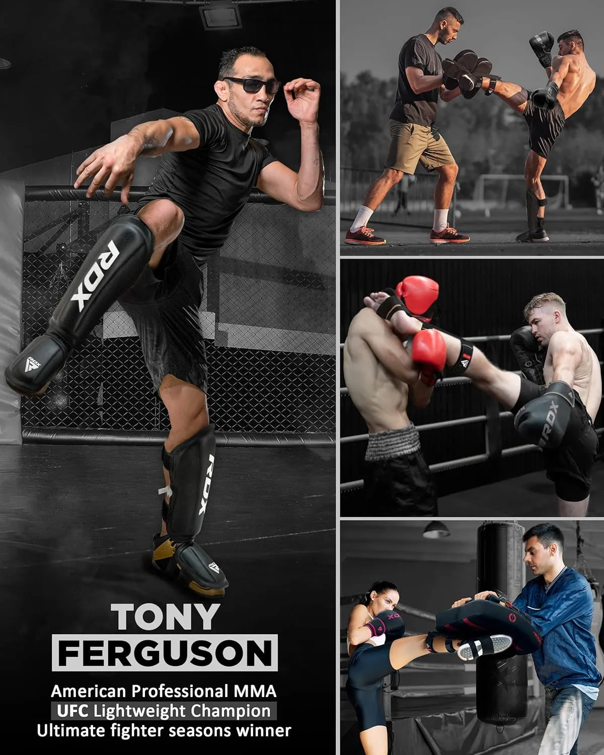 RDX Shin Guards Kickboxing Muay Thai, SATRA SMMAF Approved, Premium Maya Hide Leather, Leg Instep Protection Pads, MMA Martial Arts Kicking Sparring Training Gear, BJJ Karate Boxing Taekwondo, Black