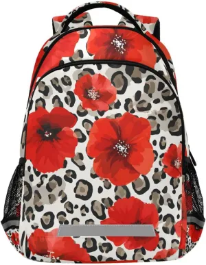 Red Flower Leopard Print Backpack for Girls Boys School Bookbag Kids Daypack Lightweight Laptop Backpack Back to School Supplies