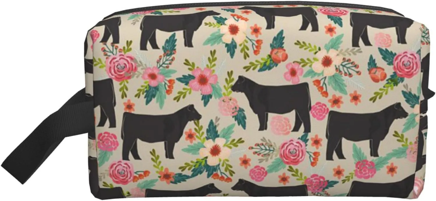 Red Flower Show Steer Cows Cattle Print Travel Cosmetic Large Capacity Zippered Storage Bag For Toiletries Daily Essentials