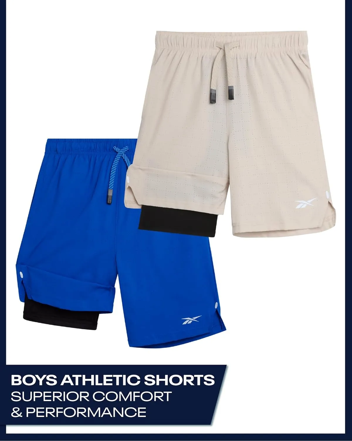 Reebok Boys Athletic Shorts 2 Pack – 2-in-1 Boys Basketball Shorts with Compression Liner – Quick Dry Running Shorts
