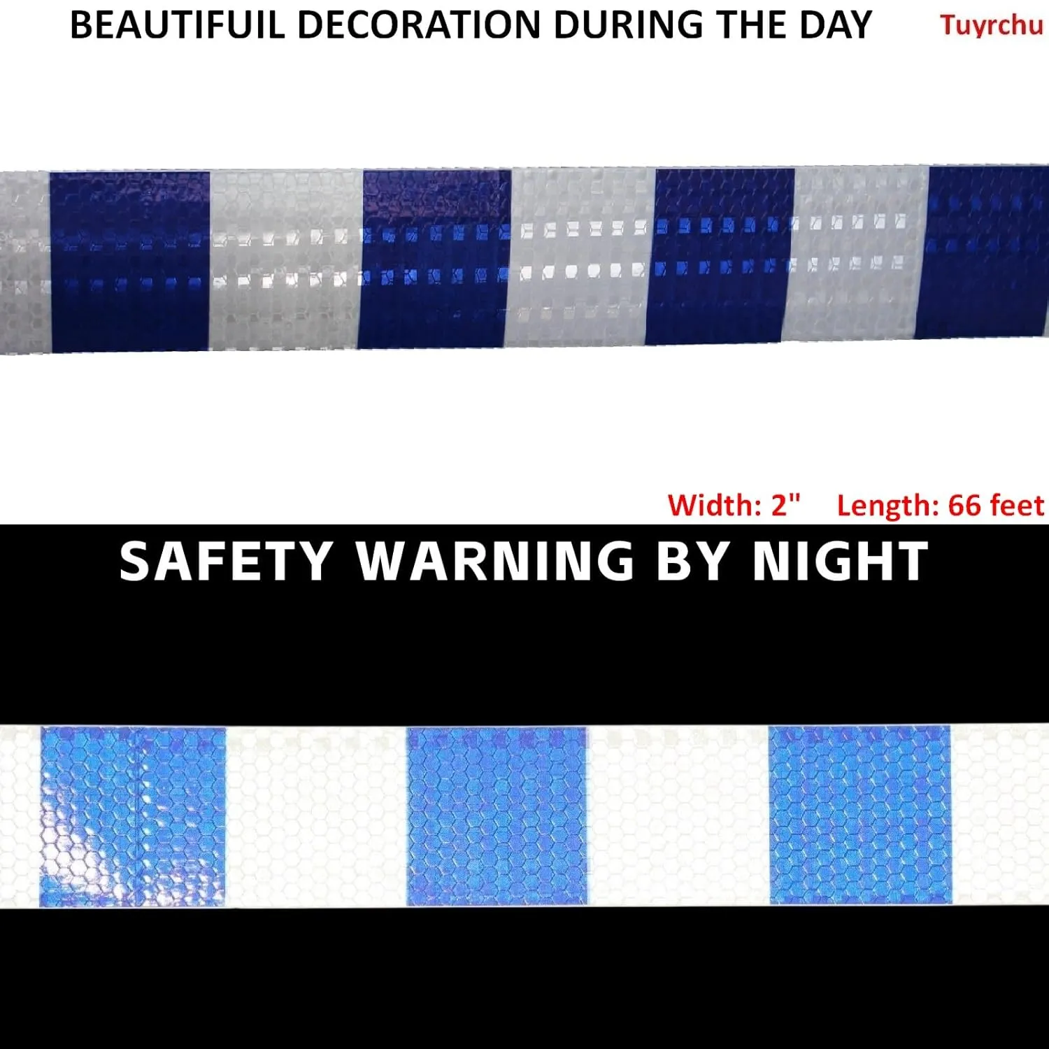 Reflective Tape Blue and White 2 inch X 66 feet, Outdoor Waterproof Hazard Conspicuity Warning Industrial Marking Tape