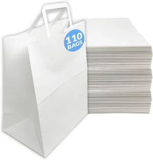 Reli. 110 Pack | 10''x5''x13'' | White Paper Bags w/Handles | Ideal for Gifts, Shopping Bags, Retail/Merchandise, Grocery, To Go/Take Out with Flat Handles