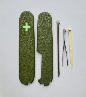 Replacement Covers For Victorinox Scales Plus 91mm Plastic Handles With Toothpick Tweezers And Ballpoint Pen Glowing Cross (Army Green)