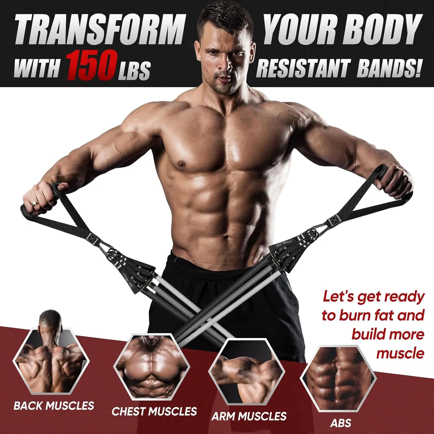 Resistance Bands Set, 150lb/200lb/250lb HPYGN Exercise Resistance Bands with Handles, 5 Tube Fitness Bands with Door Anchor, Handles, Portable Bag, Legs Ankle Straps for Muscle Training