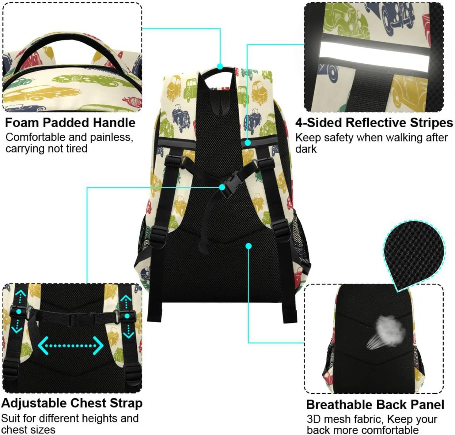 Retro Car Backpack for Girls Kids Boys School Bookbags, Student Laptop Backpack Carrying Bag Casual Lightweight Travel Sports Day Packs