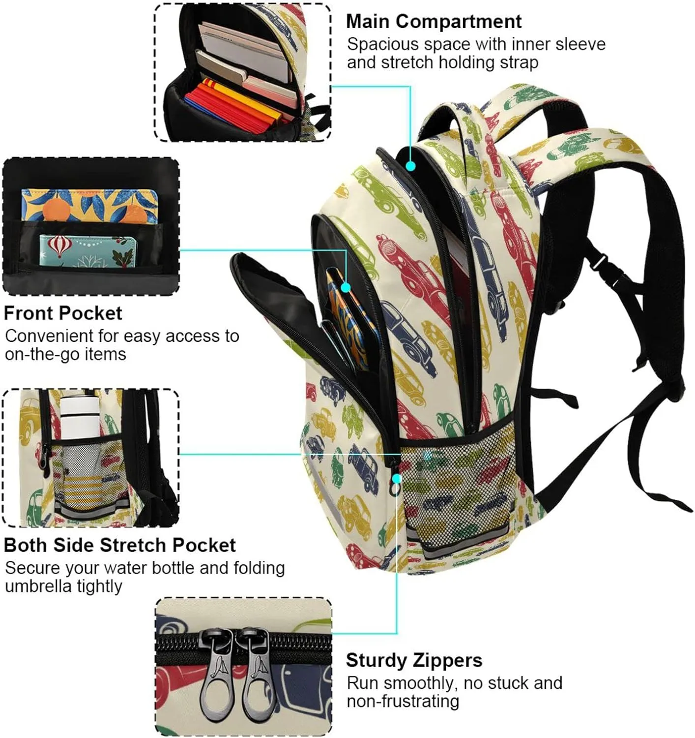 Retro Car Backpack for Girls Kids Boys School Bookbags, Student Laptop Backpack Carrying Bag Casual Lightweight Travel Sports Day Packs