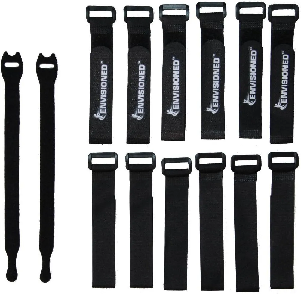 Reusable Cinch Straps 1" x 15" - 12 Pack, Multipurpose Quality Hook and Loop Securing Straps (Black) - Plus 2 Free Bonus Reusable Cable Ties