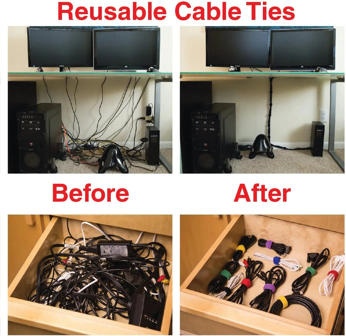 Reusable Cinch Straps 1" x 15" - 12 Pack, Multipurpose Quality Hook and Loop Securing Straps (Black) - Plus 2 Free Bonus Reusable Cable Ties
