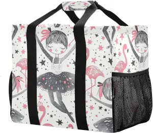 Reusable Grocery Bags with Reinforced Handles & Side Pockets, Ballet Girl Waterproof Beach Tote Bag Large Foldable Handbags for Shopping, Travel, Gym