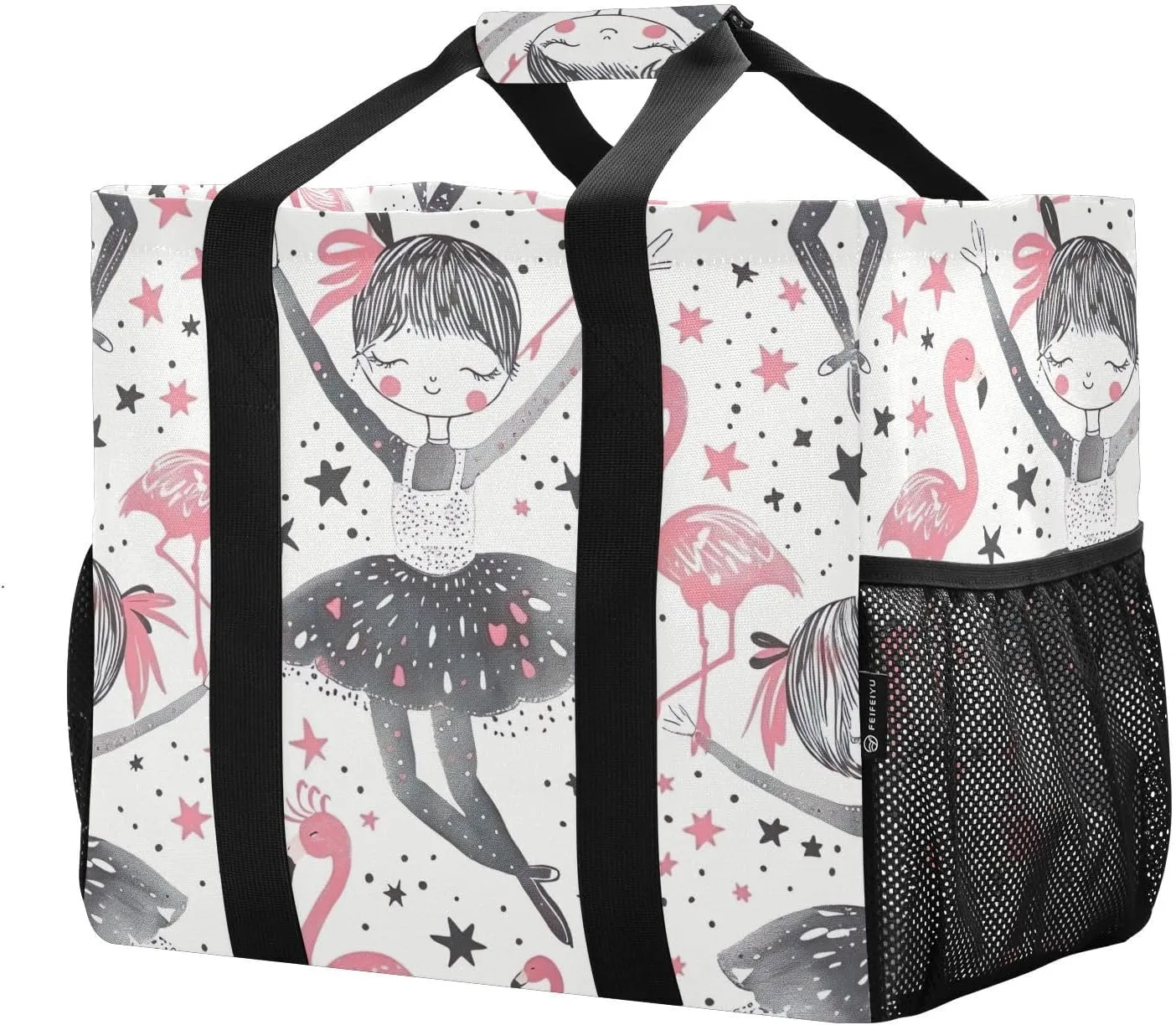 Reusable Grocery Bags with Reinforced Handles & Side Pockets, Ballet Girl Waterproof Beach Tote Bag Large Foldable Handbags for Shopping, Travel, Gym