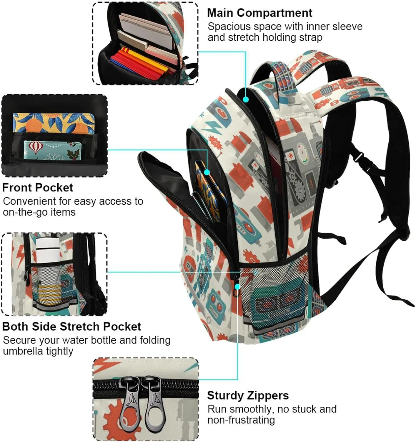 Robot Face Cartoon School Backpack Bag for Boys Girls Cogwheel Nanobot Lightweight Bookbag Daypack 17 Inch Large Capacity Bag for Students Women Men