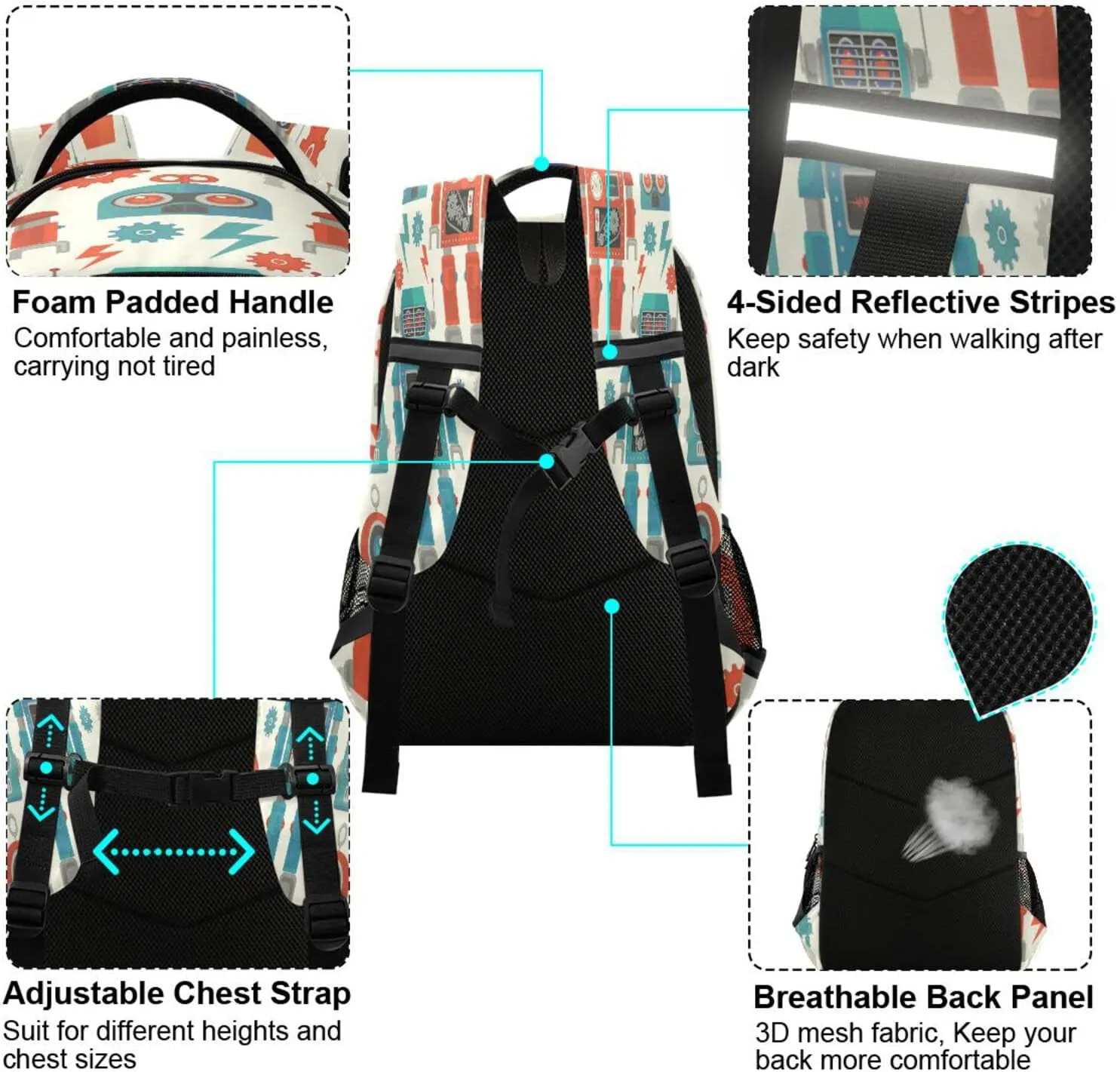 Robot Face Cartoon School Backpack Bag for Boys Girls Cogwheel Nanobot Lightweight Bookbag Daypack 17 Inch Large Capacity Bag for Students Women Men