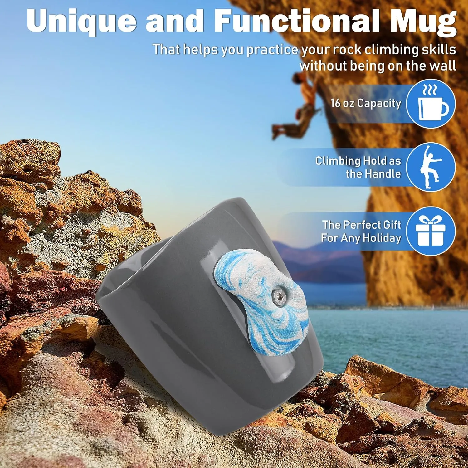 Rock Climbing Mug, 16 oz Ceramic Mug with Climbing Training Handles, Rock Climbing Gifts for Men Women, Climbing Hold Mug Bouldering Coffee Cup